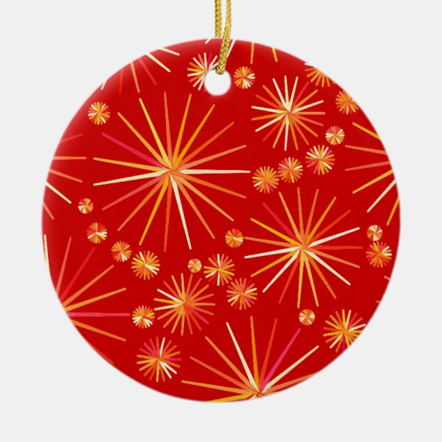 Mid Century Sputnik pattern, Deep Red Ceramic Ornament (Front)