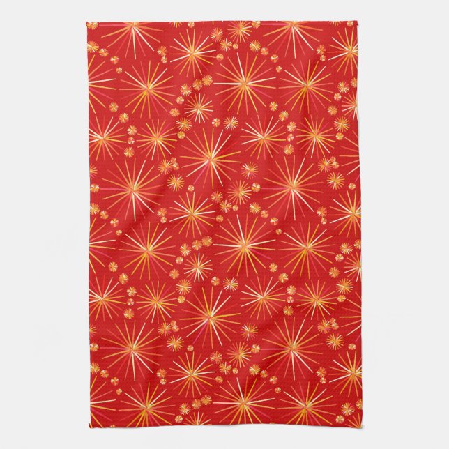 Mid Century Sputnik pattern, Deep Red Kitchen Towel (Vertical)