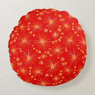 Mid Century Sputnik pattern, Deep Red Round Pillow