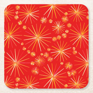 Mid Century Sputnik pattern, Deep Red Square Paper Coaster