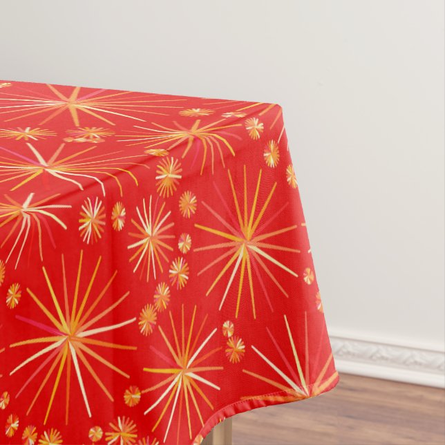 Mid Century Sputnik pattern, Deep Red Tablecloth (In Situ)