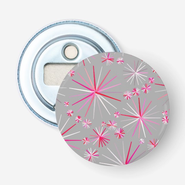 Mid Century Sputnik pattern, Grey and Fuchsia Bottle Opener (Front)