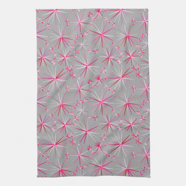 Mid Century Sputnik pattern, Grey and Fuchsia Kitchen Towel (Vertical)