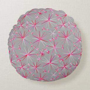 Mid Century Sputnik pattern, Grey and Fuchsia Round Pillow
