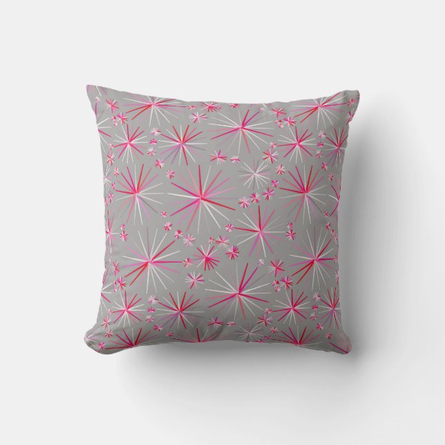Mid Century Sputnik pattern, Grey and Fuchsia Throw Pillow (Front)