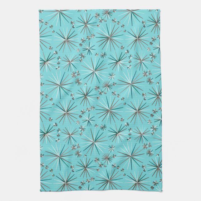 Mid Century Sputnik pattern, Robin's Egg Blue Kitchen Towel (Vertical)
