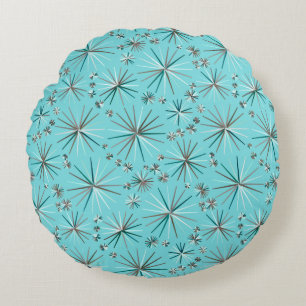 Mid Century Sputnik pattern, Robin's Egg Blue Round Pillow