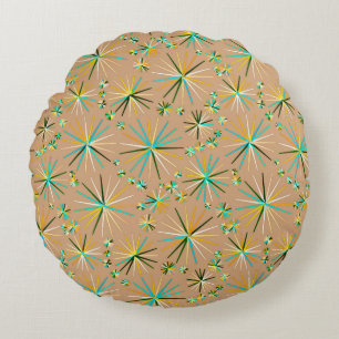 Mid Century Sputnik pattern, Taupe Tan Round Pillow