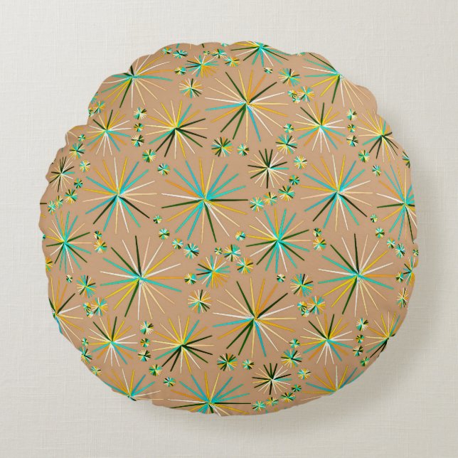 Mid Century Sputnik pattern, Taupe Tan Round Pillow (Front)