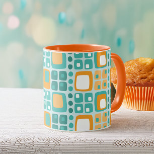 Mid Century Squares and Dots Pattern Teal, Orange Mug