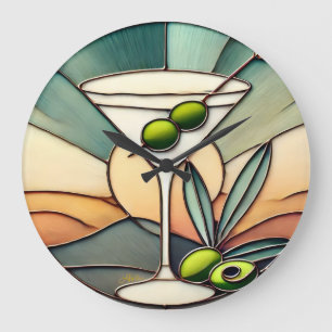 Mid Century Stained Glass 2 Olive Martini Large Clock