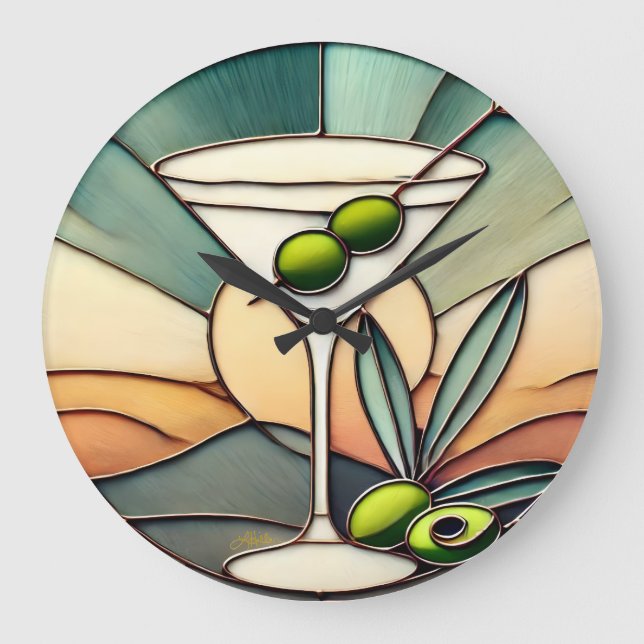 Mid Century Stained Glass 2 Olive Martini Large Clock (Front)