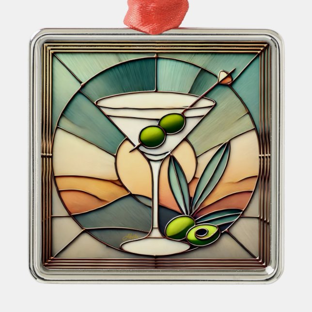 Mid Century Stained Glass 2 Olive Martini Metal Ornament (Front)