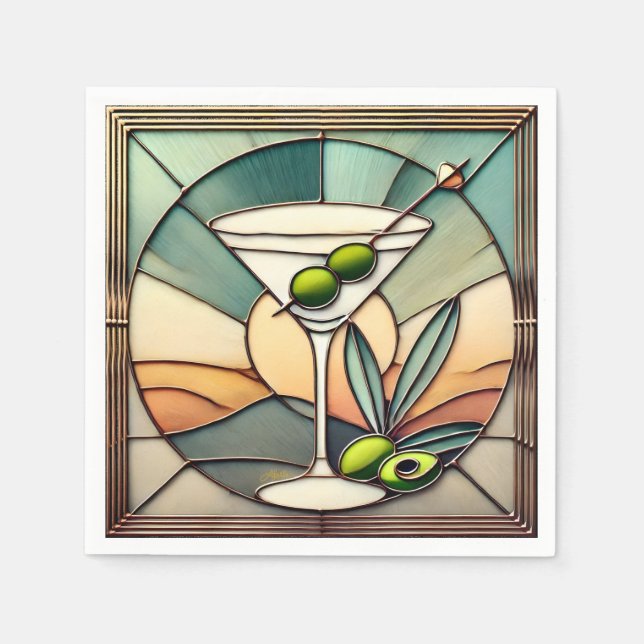 Mid Century Stained Glass 2 Olive Martini Napkin (Front)