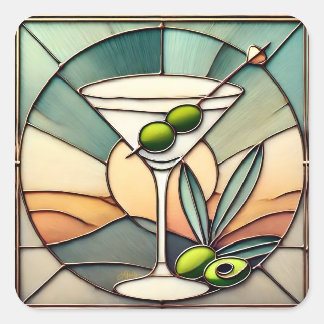 Mid Century Stained Glass 2 Olive Martini Square Sticker (Front)