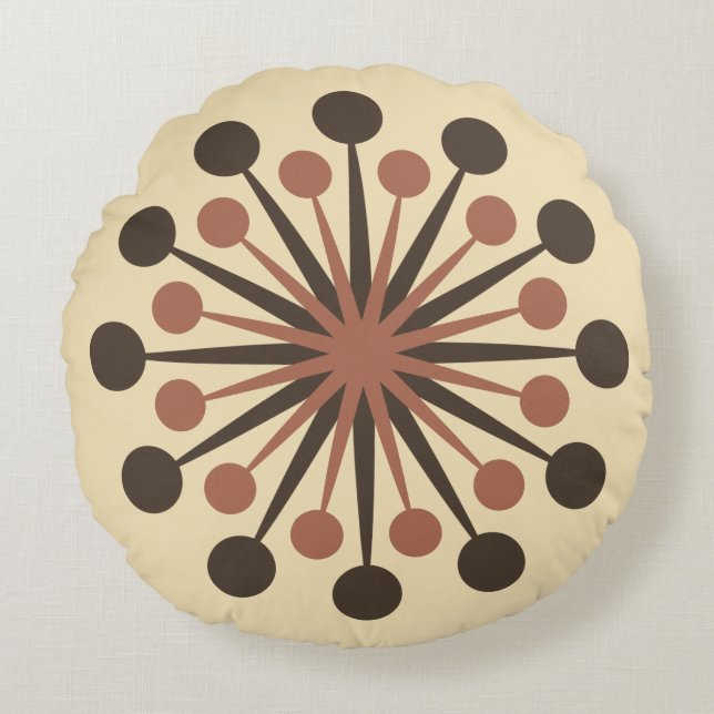 Mid Century Starburst Brown Clay Gold Round Pillow (Front)