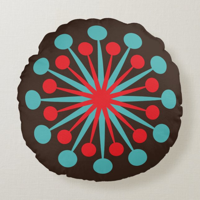 Mid Century Starburst Red and Turquoise Round Pillow (Front)