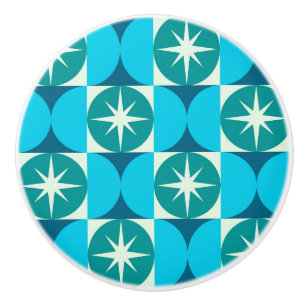 Mid Century Starbursts on Blue Teal Circles Ceramic Knob
