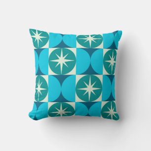 Mid Century Starbursts on Blue Teal Circles Throw Pillow