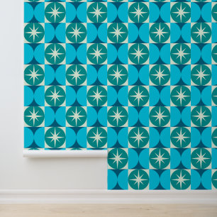 Mid Century Starbursts on Blue Teal Circles Wallpaper