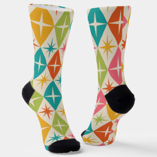 Mid Century Starbursts on Colorful Retro Diamonds Socks