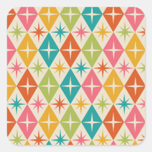 Mid Century Starbursts on Colorful Retro Diamonds Square Sticker