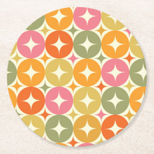 Mid Century Starbursts on Colourful Circles Patter Round Paper Coaster