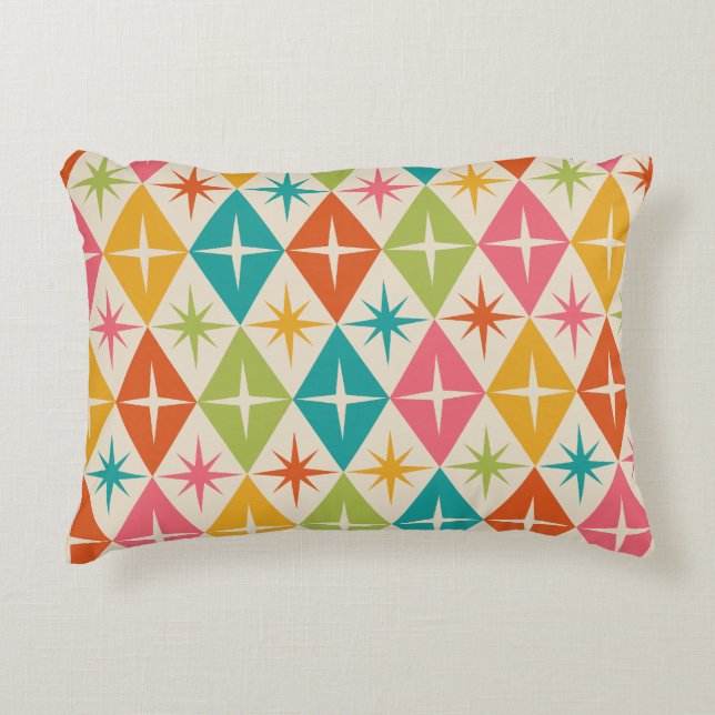 Mid Century Starbursts on Colourful Retro Diamonds Accent Pillow (Front)
