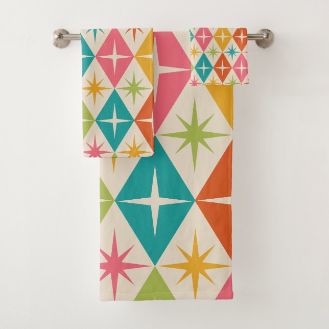 Mid Century Starbursts on Colourful Retro Diamonds Bath Towel Set (Insitu)