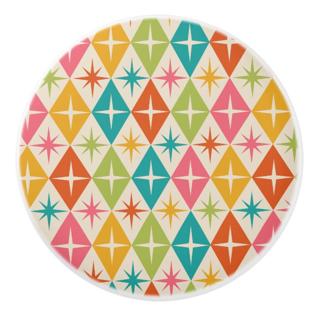Mid Century Starbursts on Colourful Retro Diamonds Ceramic Knob (Front)