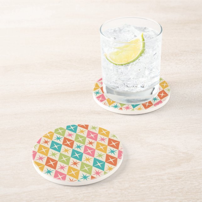 Mid Century Starbursts on Colourful Retro Diamonds Coaster (Side)