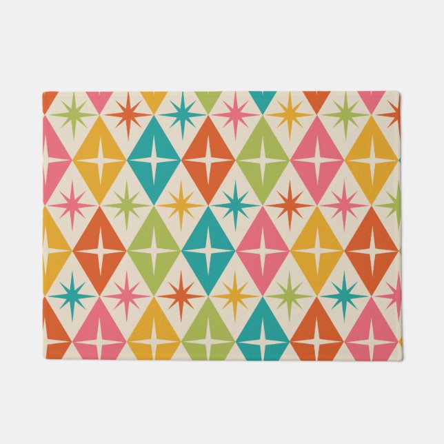 Mid Century Starbursts on Colourful Retro Diamonds Doormat (Front)