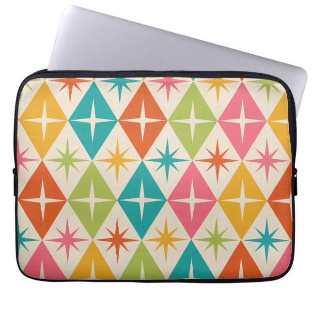 Mid Century Starbursts on Colourful Retro Diamonds Laptop Sleeve (Front)