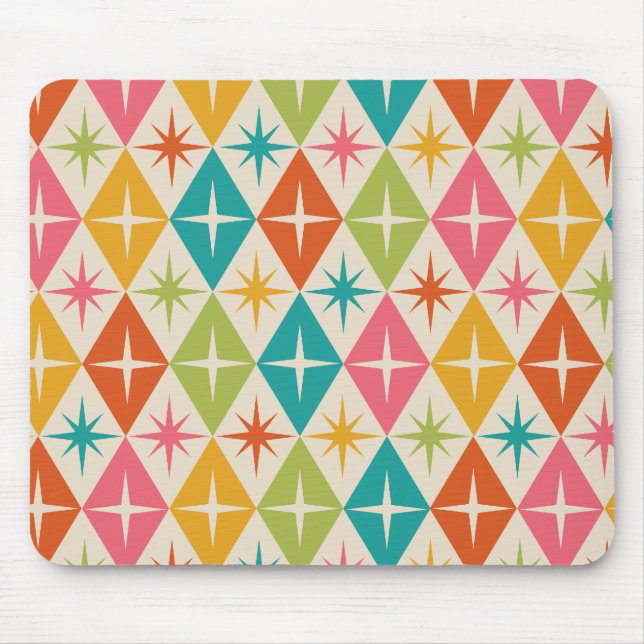 Mid Century Starbursts on Colourful Retro Diamonds Mouse Pad (Front)