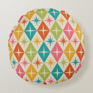 Mid Century Starbursts on Colourful Retro Diamonds Round Pillow