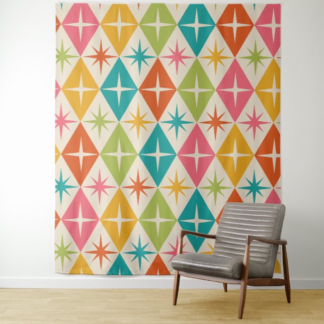 Mid Century Starbursts on Colourful Retro Diamonds Tapestry (In Situ)
