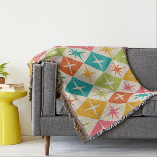 Mid Century Starbursts on Colourful Retro Diamonds Throw Blanket