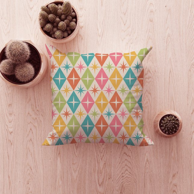 Mid Century Starbursts on Colourful Retro Diamonds Throw Pillow (Creator Uploaded)