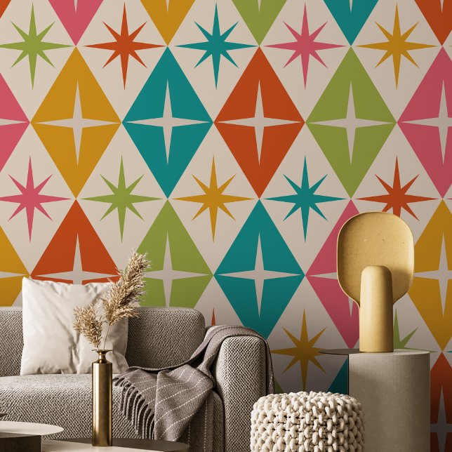 Mid Century Starbursts on Colourful Retro Diamonds Wallpaper (Creator Uploaded)