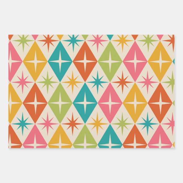Mid Century Starbursts on Colourful Retro Diamonds Wrapping Paper Sheet (Front 2)