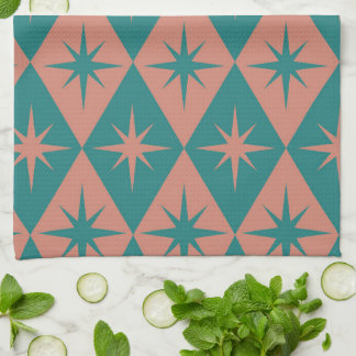 Mid Century Starbursts on coral teal Diamonds Kitchen Towel