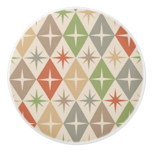 Mid Century Starbursts on Earthy Retro Diamonds Ceramic Knob