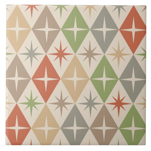 Mid Century Starbursts on Earthy Retro Diamonds Tile (Front)