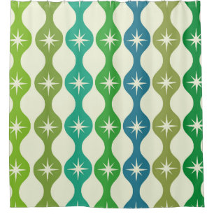 Mid Century Starbursts on Green Blue Ogee Pattern 