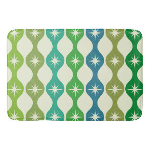 Mid Century Starbursts on Green Blue Ogee Pattern Bath Mat