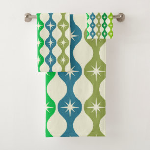 Mid Century Starbursts on Green Blue Ogee Pattern  Bath Towel Set