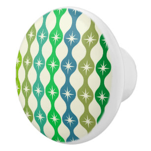 Mid Century Starbursts on Green Blue Ogee Pattern  Ceramic Knob