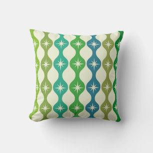 Mid Century Starbursts on Green Blue Ogee Pattern Throw Pillow