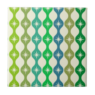 Mid Century Starbursts on Green Blue Ogee Pattern  Tile