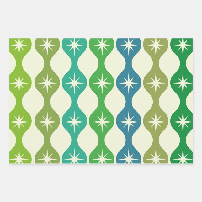 Mid Century Starbursts on Green Blue Ogee Pattern  Wrapping Paper Sheet (Front)